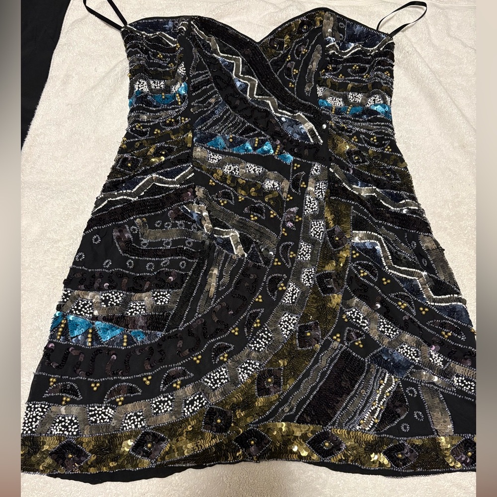 French Connection Black and Gold Sequin Mini Dress